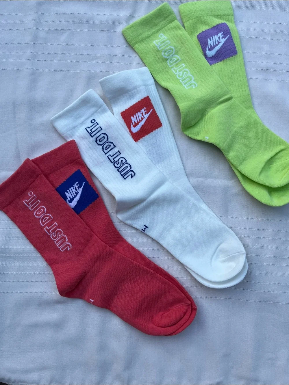 Nike Crew Socks Trio - Red, White, Lime with 'Just Do It' Branding
